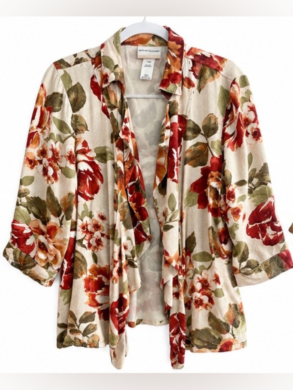 Alfred Dunner 16W Cream Floral Open-Front Women’s Jacket- Red & Green Bloom